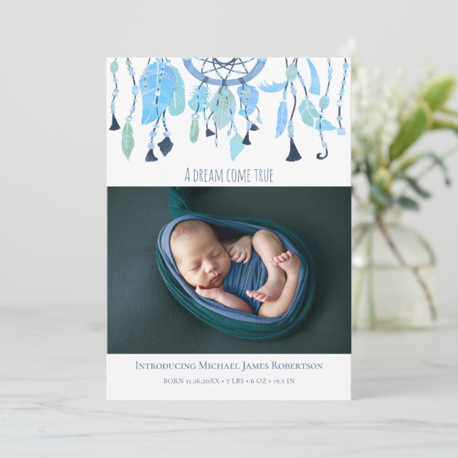 Modern Collage Photo Baby Blue Dream Catcher Birth Announcement (Standing Front)