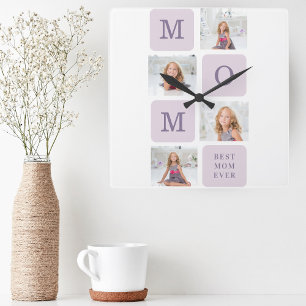 Modern Collage Photo Best Mum Ever Purple Gift Square Wall Clock