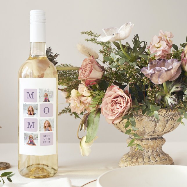 Modern Collage Photo Best Mum Ever Purple Gift Wine Label (Creator Uploaded)