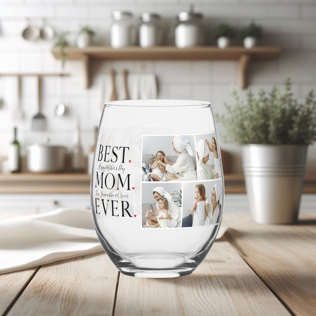 Modern Collage Photo Best Mum Happy Mothers Day Stemless Wine Glass (Creator Uploaded)