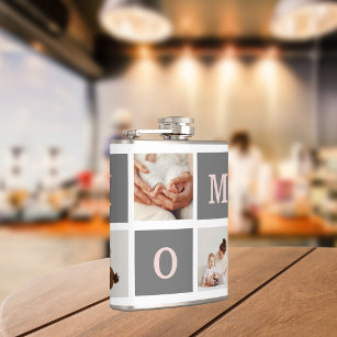 Modern Collage Photo Best Mum  Pink & Grey Gift Hip Flask