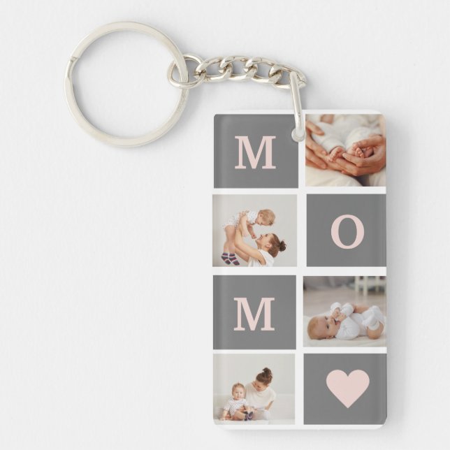 Modern Collage Photo Best Mum  Pink & Grey Gift Key Ring (Front)