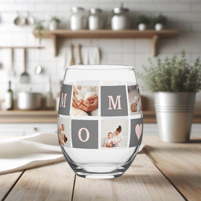 Modern Collage Photo Best Mum  Pink & Grey Gift Stemless Wine Glass (Creator Uploaded)
