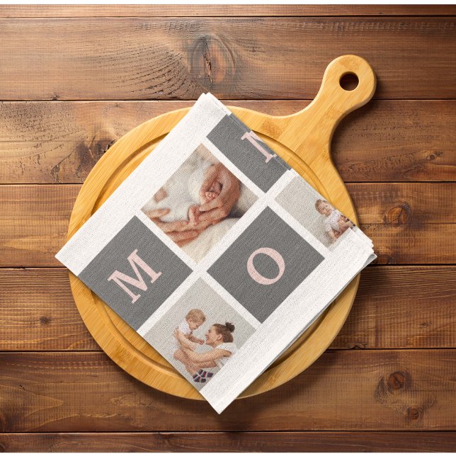 Modern Collage Photo Best Mum  Pink & Grey Gift Tea Towel (Creator Uploaded)