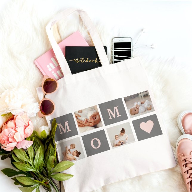 Modern Collage Photo Best Mum  Pink & Grey Gift Tote Bag (Creator Uploaded)