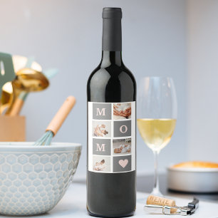 Modern Collage Photo Best Mum Pink & Grey Gift Wine Label