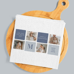 Modern Collage Photo & Blue Happy Fathers Day Gift Tea Towel