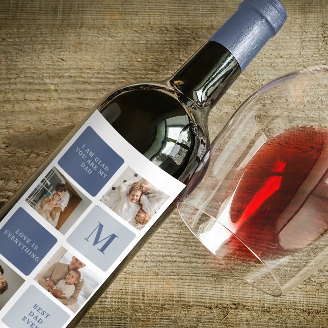 Modern Collage Photo & Blue Happy Fathers Day Gift Wine Label (Creator Uploaded)