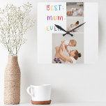 Modern Collage Photo & Colourful Best Mum Ever Gif Square Wall Clock<br><div class="desc">A modern collage photo and colourful "Best Mum Ever" gift is a thoughtful and personalised present for any mother. The collage photo is a collection of various pictures that have been artfully arranged to form a cohesive and visually appealing composition. These photos may feature cherished memories, family members, and special...</div>