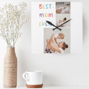 Modern Collage Photo & Colourful Best Mum Ever Gif Square Wall Clock