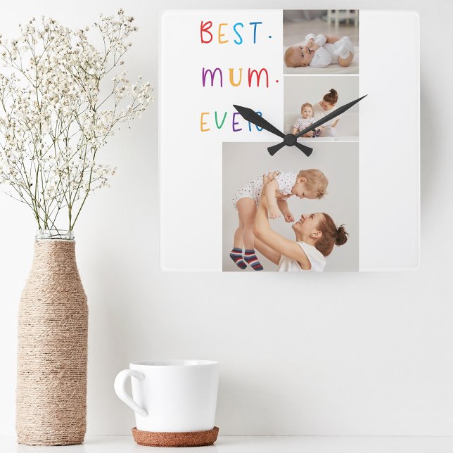 Modern Collage Photo & Colourful Best Mum Ever Gif Square Wall Clock (Creator Uploaded)
