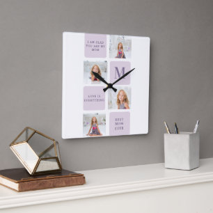 Modern Collage Photo Happy Mothers Day Purple Gift Square Wall Clock