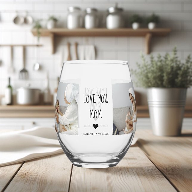 Modern Collage Photo Love You Mum Best Gift Stemless Wine Glass (Creator Uploaded)