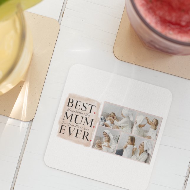 Modern Collage Photo Pink Happy Mothers Day Square Paper Coaster (Creator Uploaded)