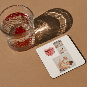 Modern Collage Photo & Red Heart Mother Gift Square Paper Coaster