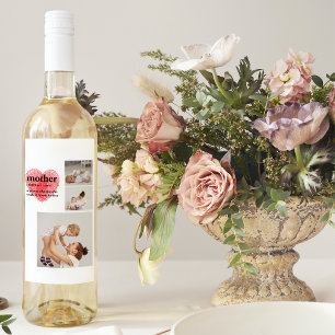 Modern Collage Photo & Red Heart Mother Gift Wine Label