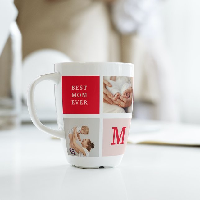 Modern Collage Photo Red & Pink Best Mum Ever Gift Latte Mug (Creator Uploaded)