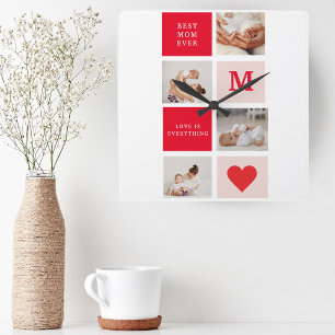 Modern Collage Photo Red & Pink Best Mum Ever Gift Square Wall Clock