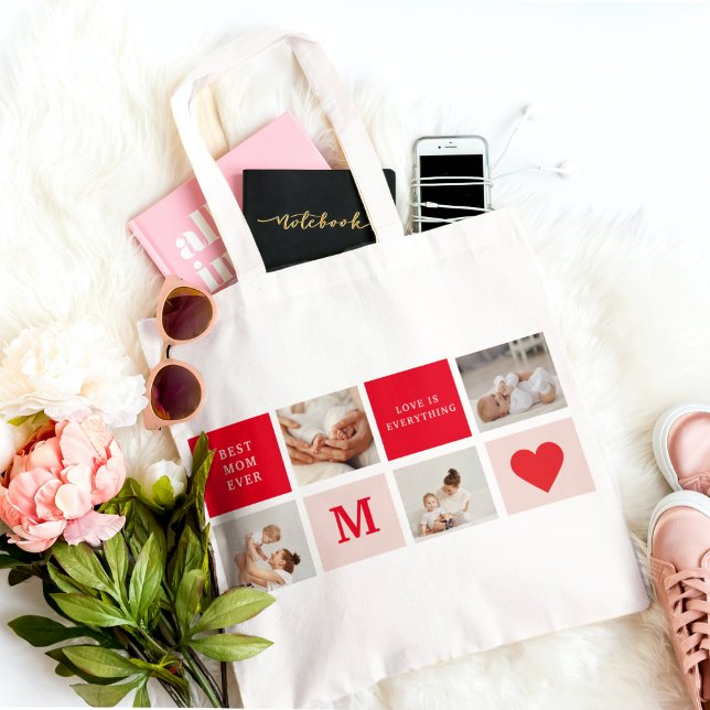 Modern Collage Photo Red & Pink Best Mum Ever Gift Tote Bag (Creator Uploaded)