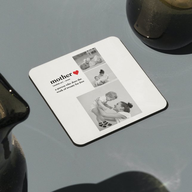 Modern Collage Photo & Text Red Heart Mother Gift Square Paper Coaster (Creator Uploaded)