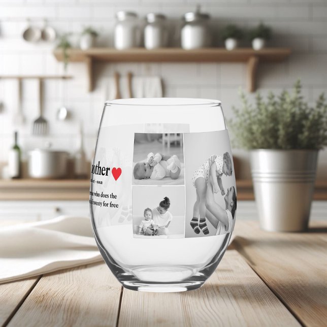 Modern Collage Photo & Text Red Heart Mother Gift Stemless Wine Glass (Creator Uploaded)
