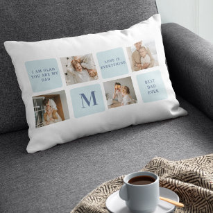 Modern Collage Photos Blue Best Fathers Gift Lumbar Cushion