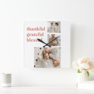 Modern Collage Three Photo   Happy Thanksgiving Square Wall Clock