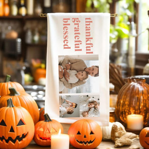 Modern Collage Three Photo   Happy Thanksgiving Tea Towel
