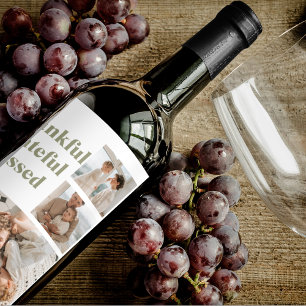Modern Collage Three Photo Happy Thanksgiving Wi Wine Label