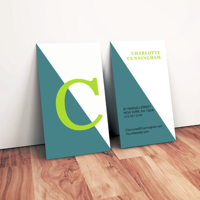 Modern Color Block Teal Green Monogram Business Card (Creator Uploaded)