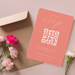 Modern Colorblock Wedding QR code Dark Coral RSVP Card