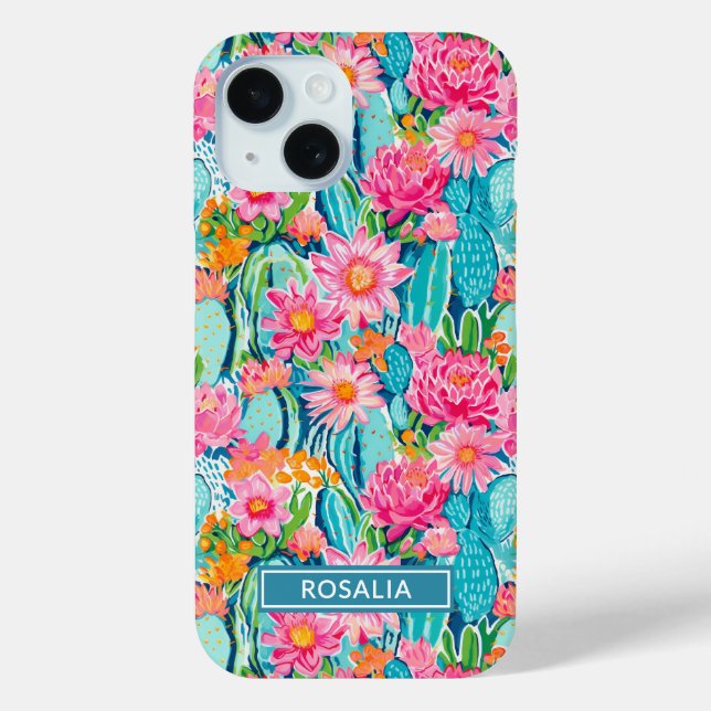 Modern Colorful Blooming Cacti Personalized Case-Mate iPhone Case (Back)