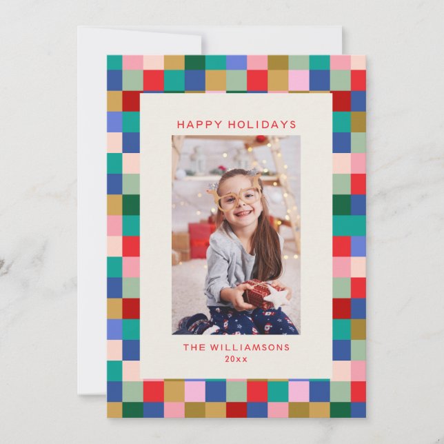 Modern Colorful Checkered Border Family Photo Holiday Card (Front)