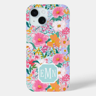 Modern Colorful Floral Garden Monogrammed iPhone 15 Case