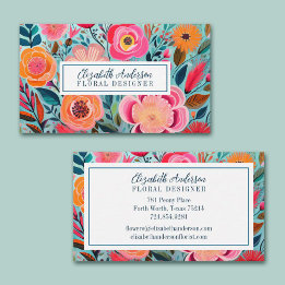 Modern Colorful Flowers Pink Teal Business Card