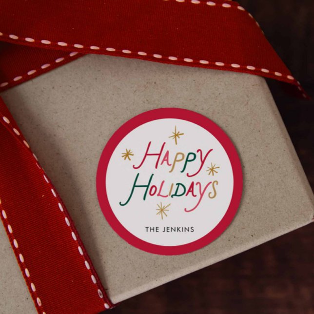 Modern Colorful Happy Holidays Round Sticker (Bold Colorful Happy Holidays Modern Round Sticker | Holiday Packaging Label)