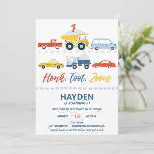 Modern Colorful Honk Toot Zoom Transport Birthday Invitation