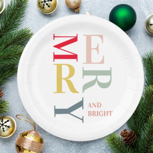 Modern Colorful Merry and Bright | Happy Holidays Paper Plate (Creator Uploaded)