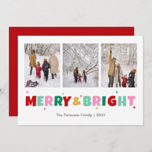 Modern Colorful Merry & Bright 3 Photo Holiday Card