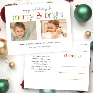 Modern Colorful Merry & Bright Typography 2-Photo Holiday Postcard
