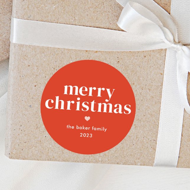 Modern Colorful Merry Christmas Classic Round Sticker (Red and white Merry Christmas Holiday Gift Tags)