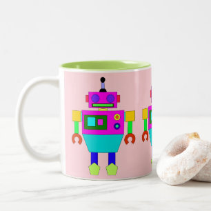 MODERN & COLORFUL PINK AND BLUE ROBOT ILLUSTRATION Two-Tone COFFEE MUG