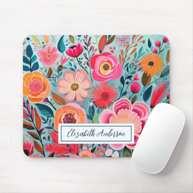 Modern Colorful Pink Flowers Monogram Mouse Mat (With Mouse)