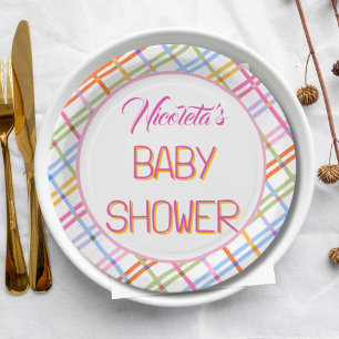 Modern Colorful Plaid Baby Shower Theme Paper Plate