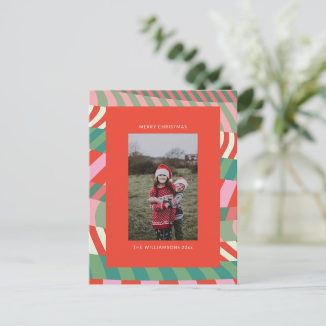 Modern Colorful Unique Red Green Pink Photo  Holiday Postcard (Standing Front)