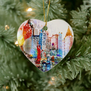 Modern colorful watercolor NYC heart Ceramic Tree Decoration