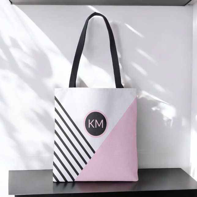 Modern Colour Block and Stripes with Monogram Tote Bag (Personalize with your monogram initials.)