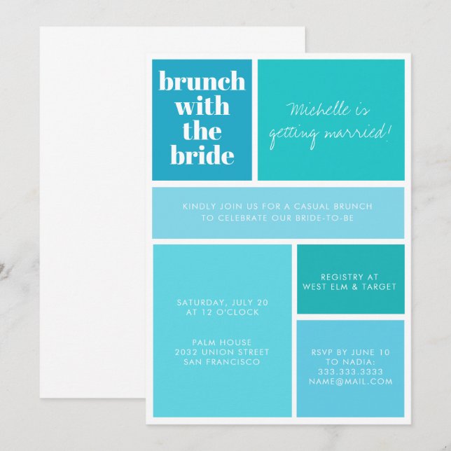 Modern Colour Block Blue Turquoise Bridal Shower Invitation (Front/Back)