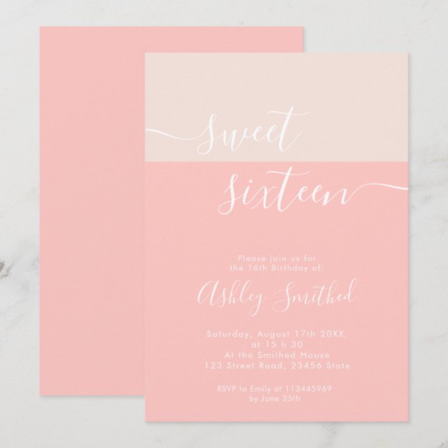 Modern colour block blush pink geometric sweet 16 invitation (Front/Back)