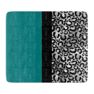 Modern Colour Block Leopard Print Teal Silver Blac Cutting Board